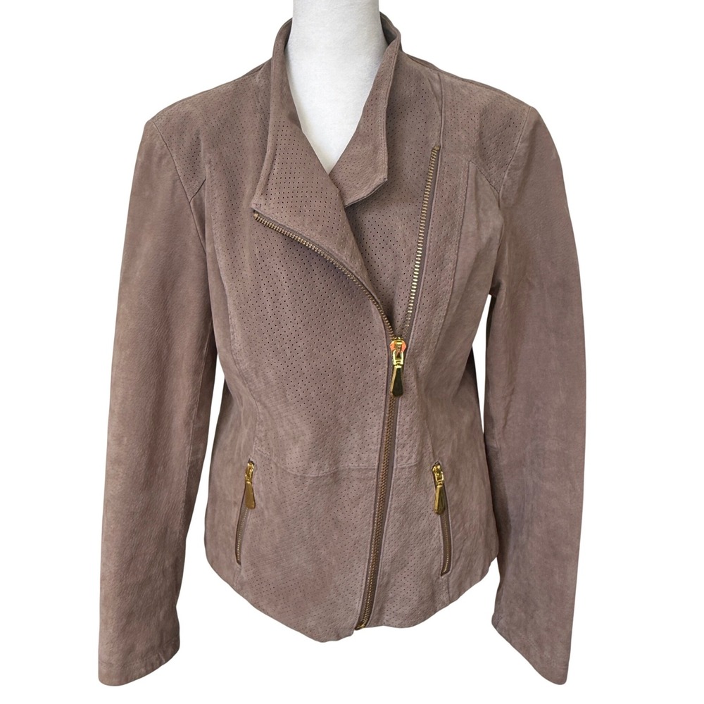Queen Collection Taupe Suede Moto Jacket Perforated Gold Zip S View 2